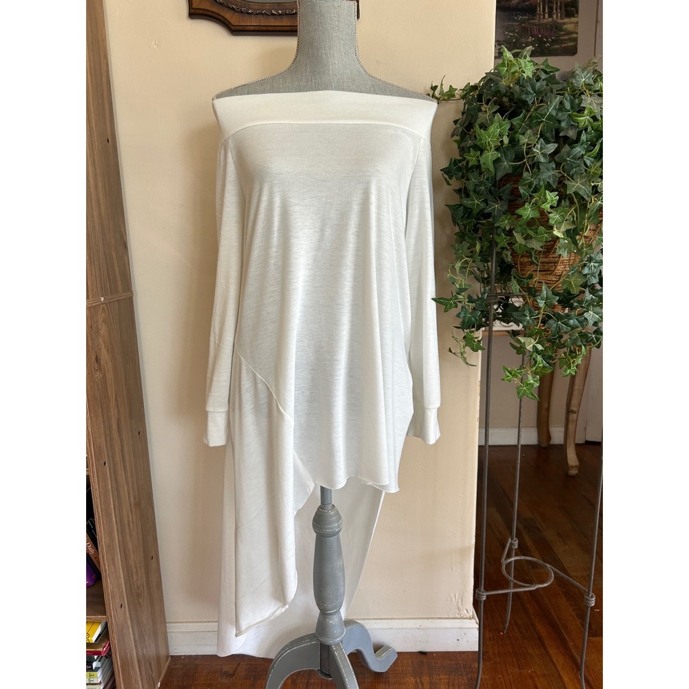 Tunic Top Womens Large White Asymmetrical Hem Whimsical Gypsy Long Sleeve